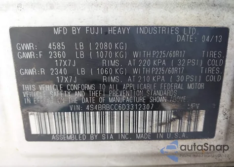 2013 Subaru Outback 2.5I Premium из США, поврежденный, VIN 4S4BRBCC6D3312307